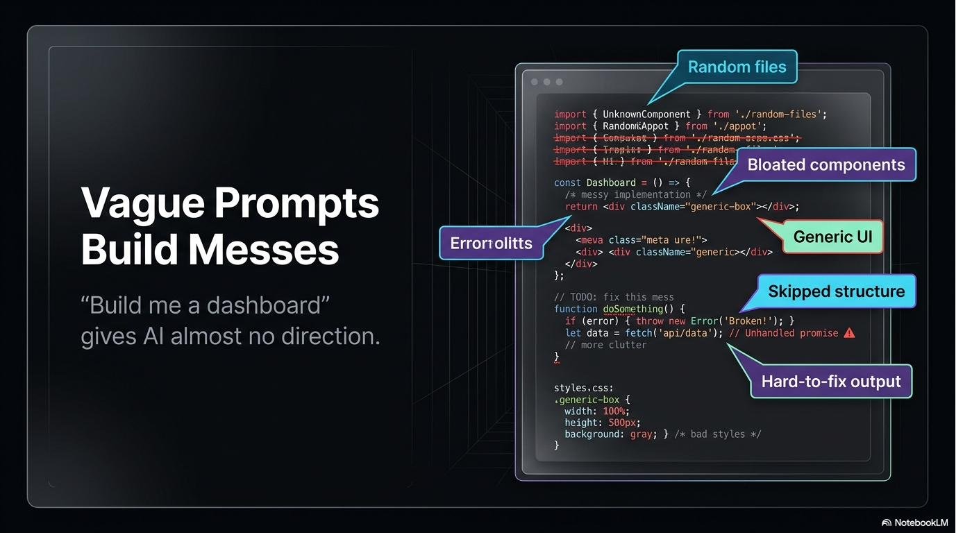 Vague Prompts Build Messes — 'Build me a dashboard' gives AI almost no direction, producing random files, bloated components, generic UI, and skipped structure.