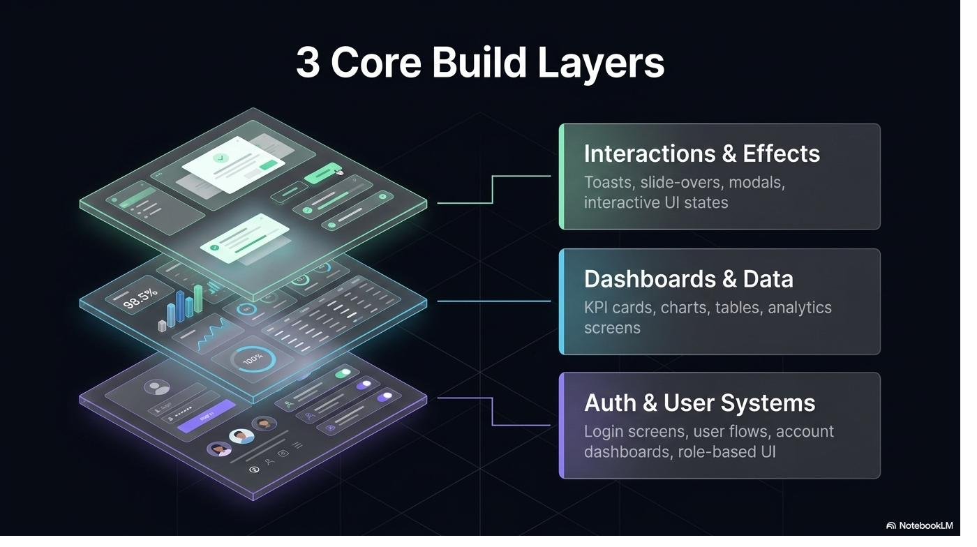3 Core Build Layers — Dashboards & Data, Interactions & Effects, and Auth & User Systems shown as stacked dashboard layers.
