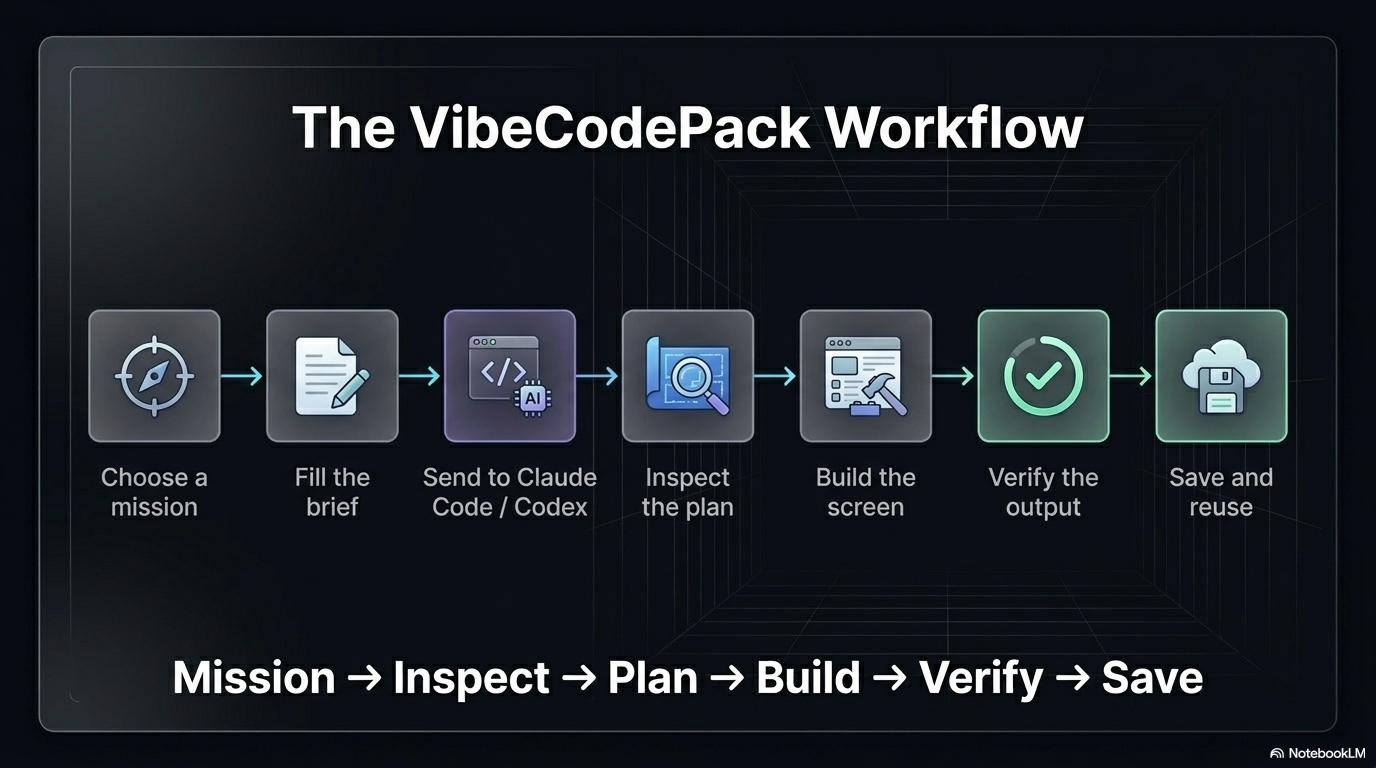 The VibeCodePack Workflow — Choose a mission, fill the brief, send to Claude Code/Codex, inspect the plan, build the screen, verify the output, save and reuse.