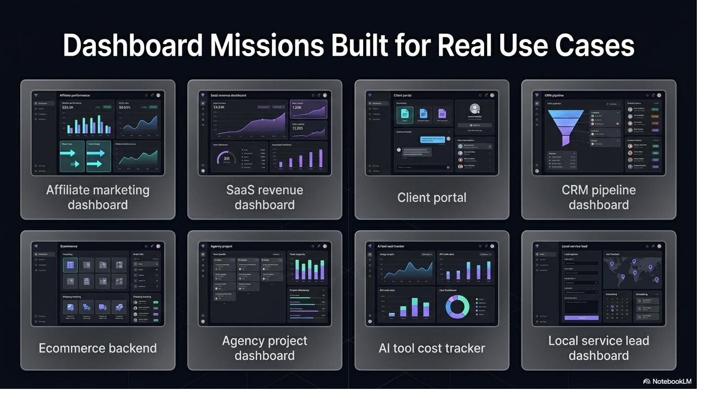 Dashboard Missions Built for Real Use Cases — affiliate marketing, SaaS revenue, client portal, CRM pipeline, ecommerce backend, agency project, AI tool cost tracker, local service lead dashboards.