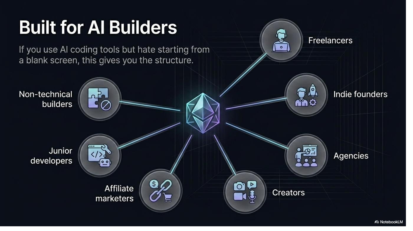 Built for AI Builders — freelancers, indie founders, agencies, creators, affiliate marketers, junior developers, and non-technical builders.