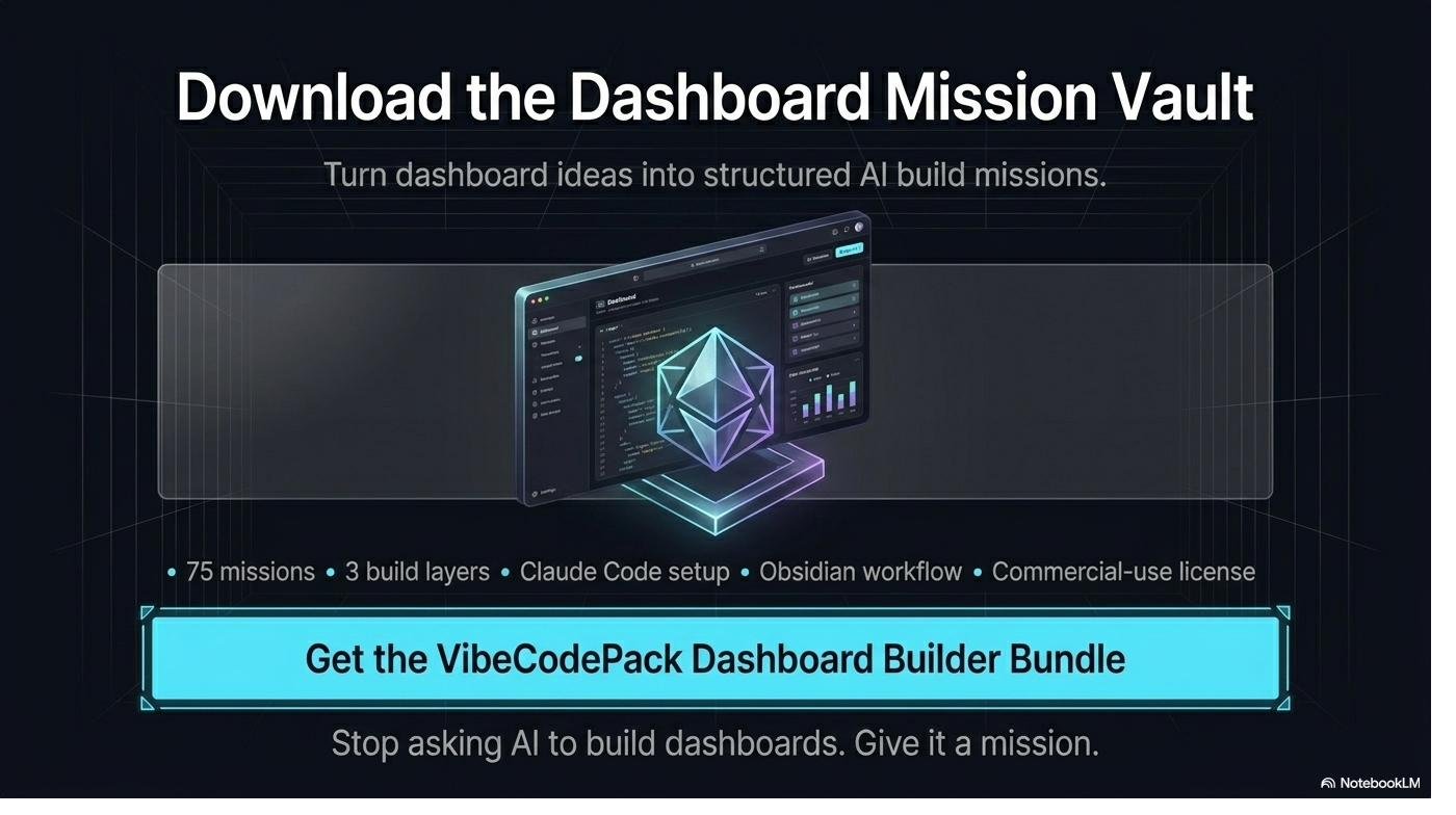 Download the Dashboard Mission Vault — turn dashboard ideas into structured AI build missions. 75 missions, 3 build layers, Claude Code setup, Obsidian workflow, commercial-use license.